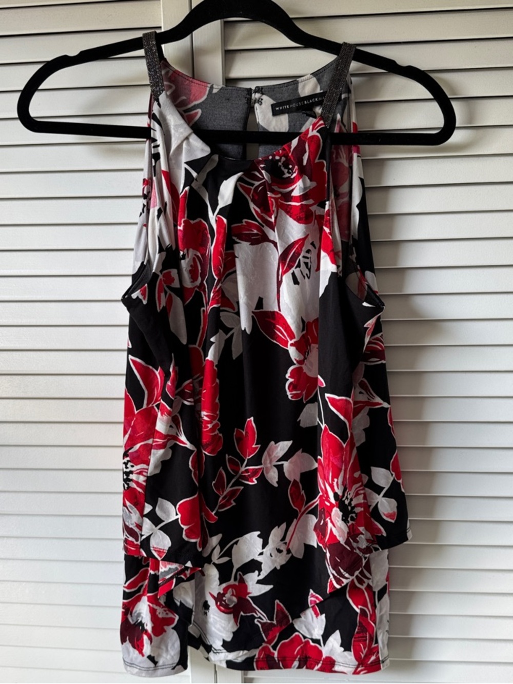 White House Black Market Black Red and White Floral Halter Top